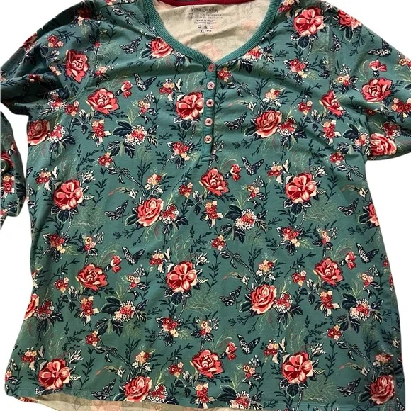 Vera Bradley Floral V-Neck Warm Sleep Shirt XL - Teal and Pink - Picture 2 of 5